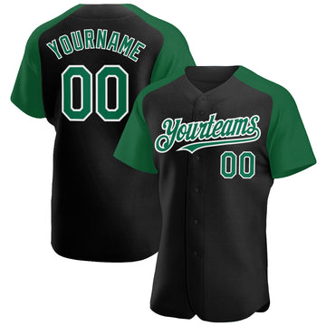 Custom Black Kelly Green-White Authentic Raglan Sleeves Baseball Jersey