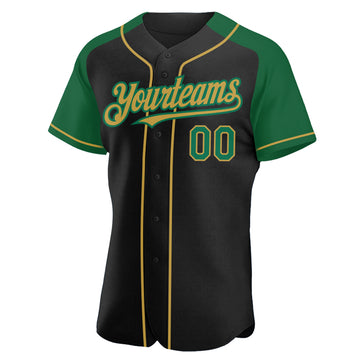 Custom Black Kelly Green-Old Gold Authentic Raglan Sleeves Baseball Jersey