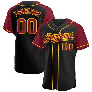 Custom Black Crimson-Gold Authentic Raglan Sleeves Baseball Jersey