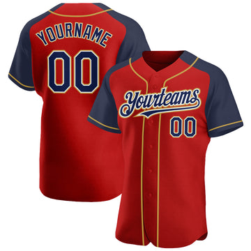 Custom Red Navy-Old Gold Authentic Raglan Sleeves Baseball Jersey