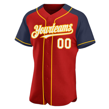 Custom Red White Navy-Gold Authentic Raglan Sleeves Baseball Jersey