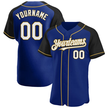 Custom Royal White Black-Old Gold Authentic Raglan Sleeves Baseball Jersey