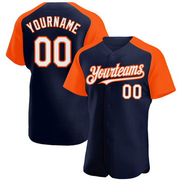 Custom Navy White-Orange Authentic Raglan Sleeves Baseball Jersey