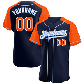 Custom Navy Orange-Light Blue Authentic Raglan Sleeves Baseball Jersey