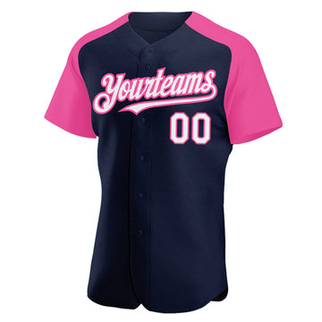 Custom Navy White-Pink Authentic Raglan Sleeves Baseball Jersey