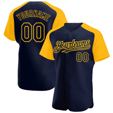 Custom Navy Gold Authentic Raglan Sleeves Baseball Jersey