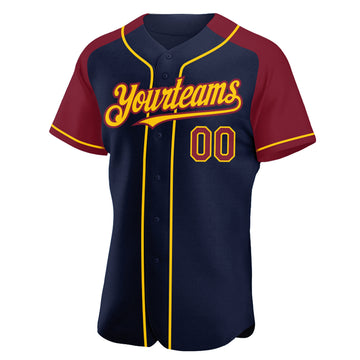 Custom Navy Crimson-Yellow Authentic Raglan Sleeves Baseball Jersey