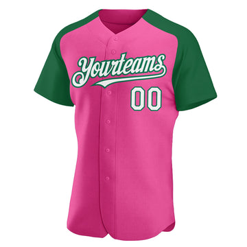 Custom Pink White-Kelly Green Authentic Raglan Sleeves Baseball Jersey