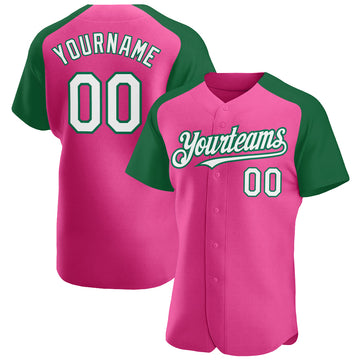 Custom Pink White-Kelly Green Authentic Raglan Sleeves Baseball Jersey