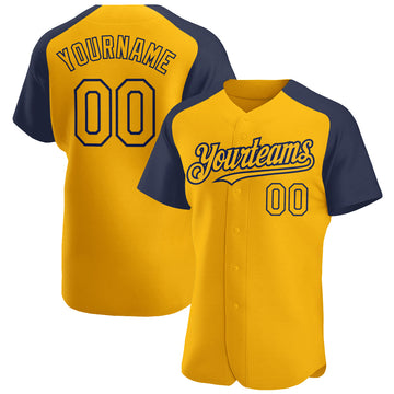 Custom Gold Navy Authentic Raglan Sleeves Baseball Jersey