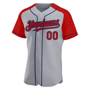 Custom Gray Red-Navy Authentic Raglan Sleeves Baseball Jersey