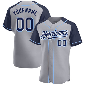 Custom Gray Navy-Light Blue Authentic Raglan Sleeves Baseball Jersey