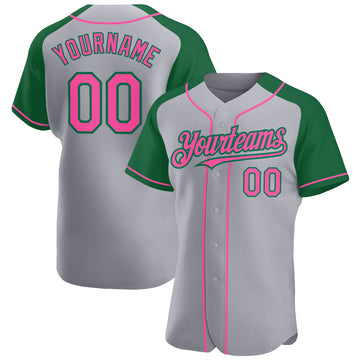 Custom Gray Pink-Kelly Green Authentic Raglan Sleeves Baseball Jersey