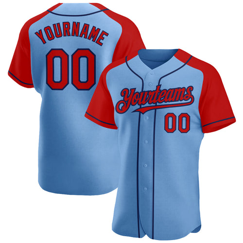 Custom White Red Pinstripe Red-Light Blue Authentic Raglan Sleeves Baseball  Jersey