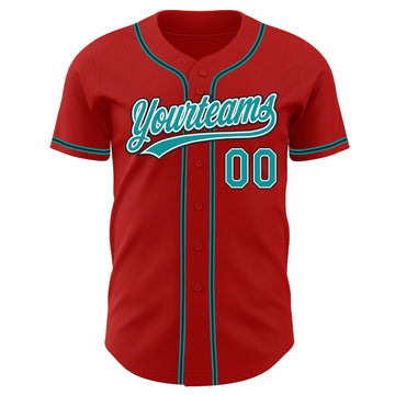 Custom Red Teal-Black Authentic Baseball Jersey