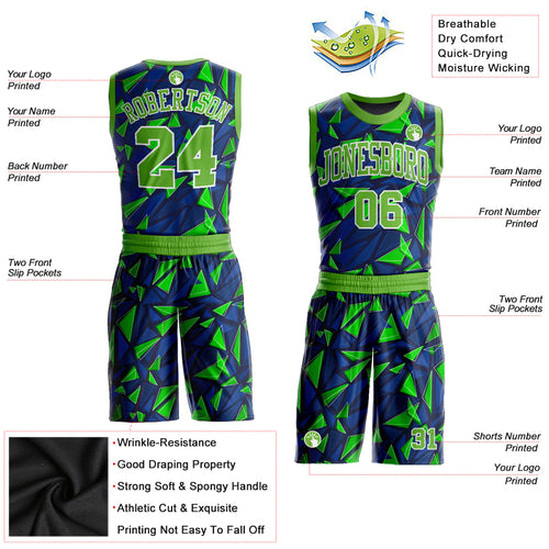 Custom Neon Green Royal-Gold Round Neck Sublimation Basketball Suit Jersey