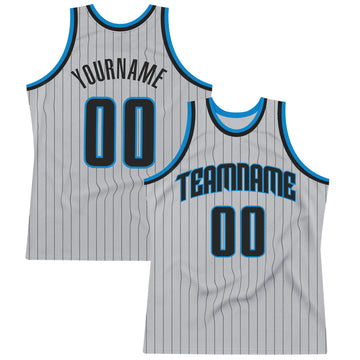 Custom Gray Black Pinstripe Black-Blue Authentic Throwback Basketball Jersey