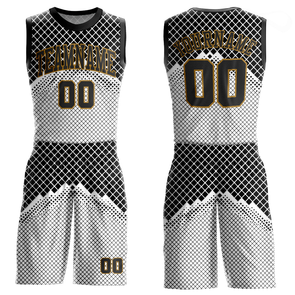 Custom Gold Black-White Round Neck Sublimation Basketball Suit
