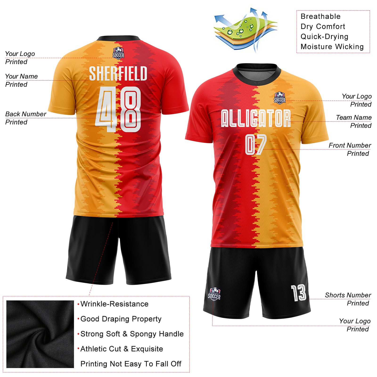 Custom Gold Black-Red Sublimation Soccer Uniform Jersey Discount