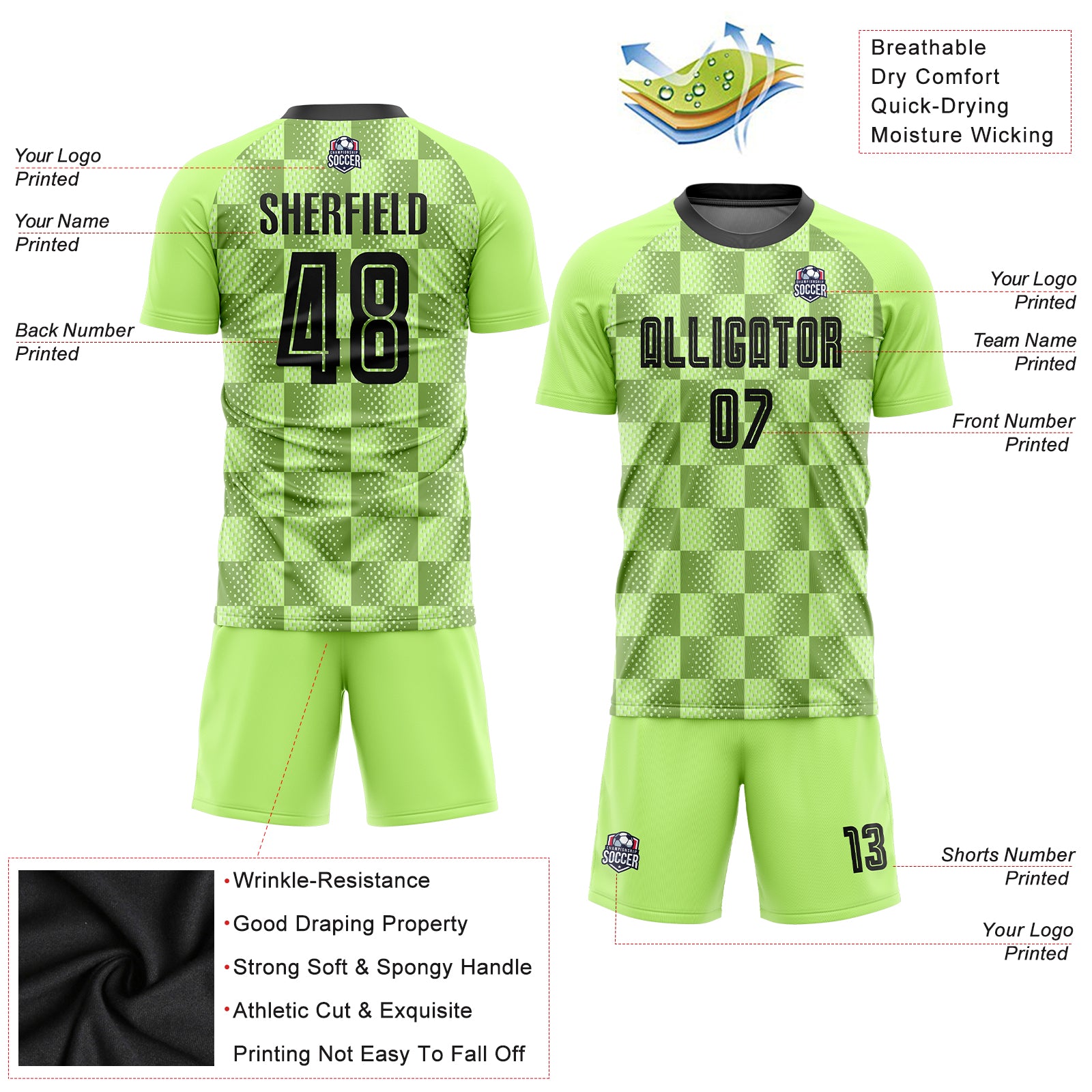 Custom Black Neon Green Sublimation Soccer Uniform Jersey Fast