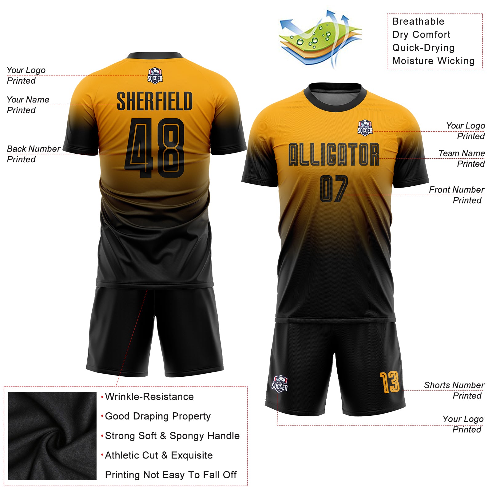 Custom Gold Orange Sublimation Fade Fashion Soccer Uniform Jersey