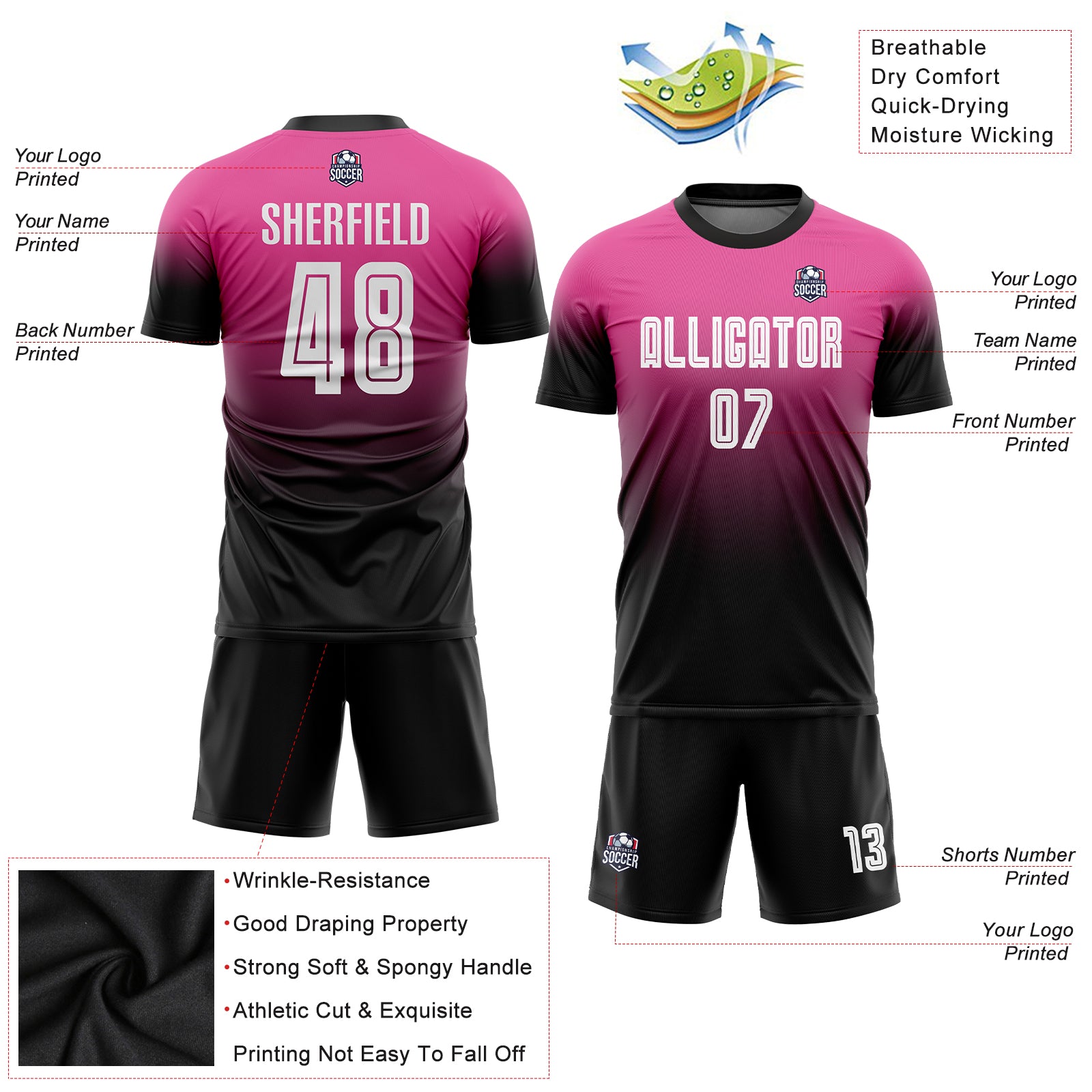 Custom Pink White-Black Sublimation Long Sleeve Fade Fashion Soccer Uniform  Jersey Clearance – FanCustom