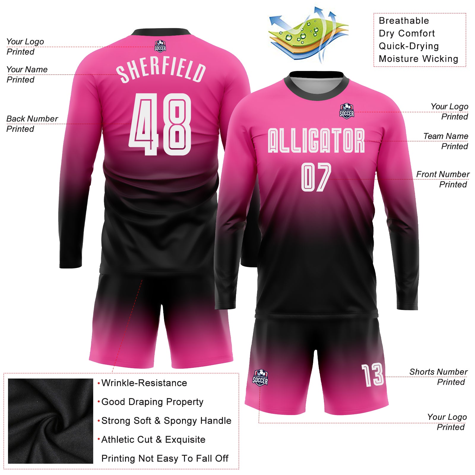 Custom Black Pink-Sky Blue Sublimation Soccer Uniform Jersey Discount