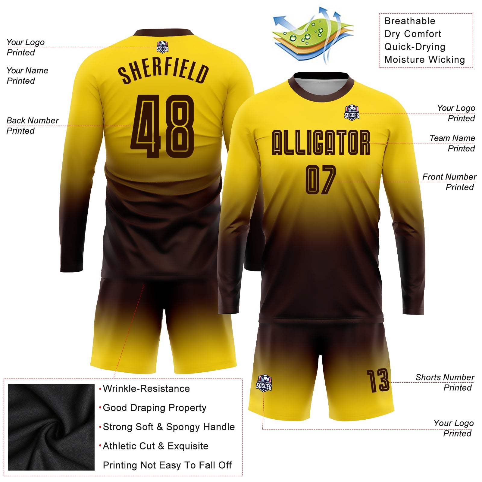 Cheap Custom Gold Black Sublimation Soccer Uniform Jersey Free
