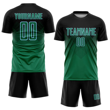 Custom Black Kelly Green-Light Blue Sublimation Soccer Uniform Jersey