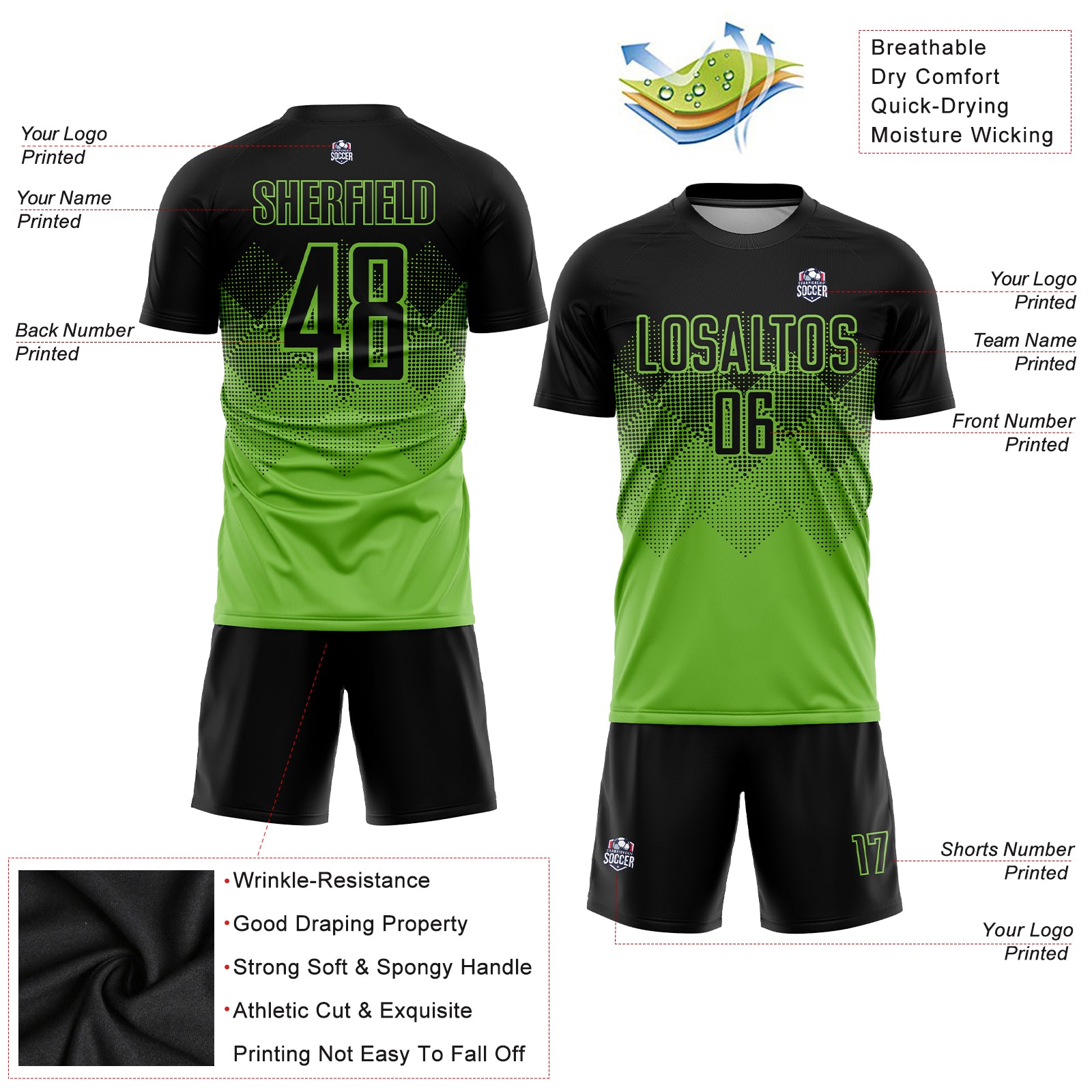Custom Neon Green Black Sublimation Soccer Uniform Jersey Discount