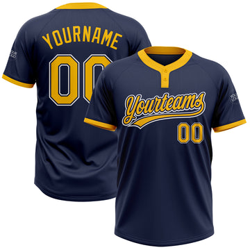 Custom Navy Gold-White Two-Button Unisex Softball Jersey