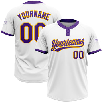 Custom White Purple-Gold Two-Button Unisex Softball Jersey