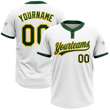 Custom White Green-Gold Two-Button Unisex Softball Jersey