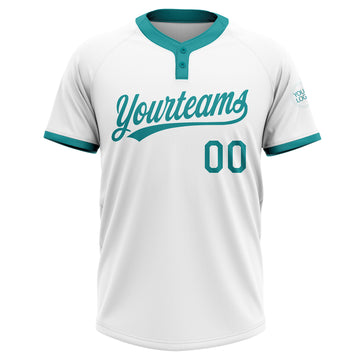 Custom White Teal Two-Button Unisex Softball Jersey