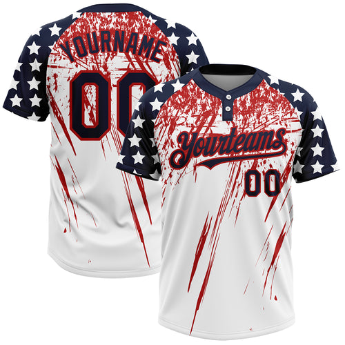 Custom White Navy-Red 3D American Flag Fashion Two-Button Unisex Softball  Jersey