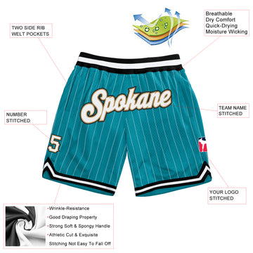 Custom Teal White Pinstripe White-Old Gold Authentic Basketball Shorts