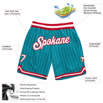 Custom Teal White Pinstripe White-Red Authentic Basketball Shorts