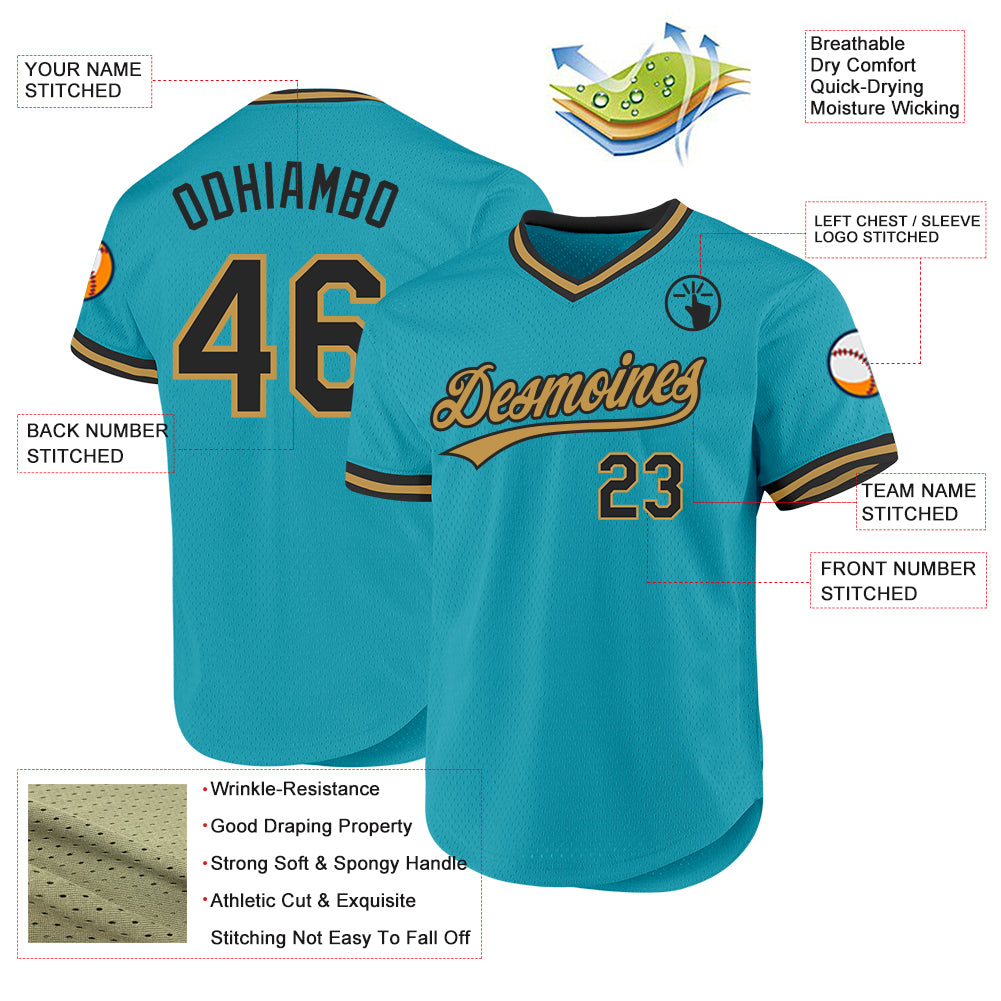 Custom Teal Black-Old Gold Authentic Throwback Baseball Jersey Discount