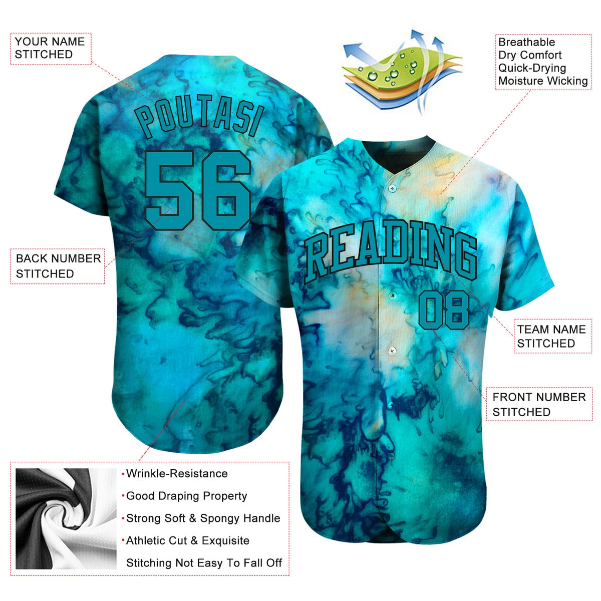 Custom Tie Dye Aqua-Black 3D Authentic Baseball Jersey Discount