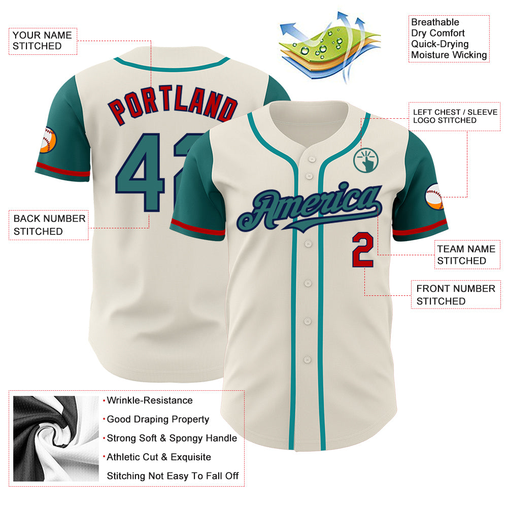 Custom Cream Teal Navy-Red Authentic Two Tone Baseball Jersey Discount