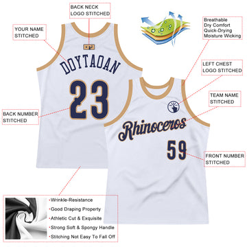 Custom White Navy-Old Gold Authentic Throwback Basketball Jersey