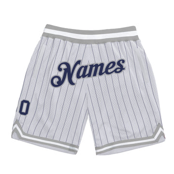 Custom White Navy Pinstripe Navy-Gray Authentic Basketball Shorts