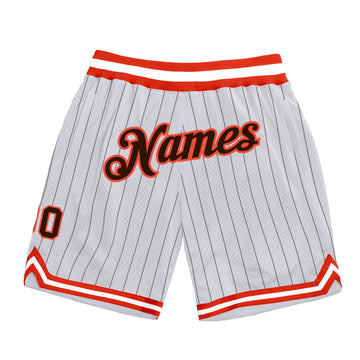 Custom White Brown Pinstripe Brown-Orange Authentic Basketball Shorts