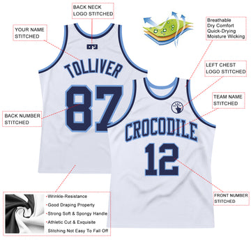 Custom White Navy-Light Blue Authentic Throwback Basketball Jersey