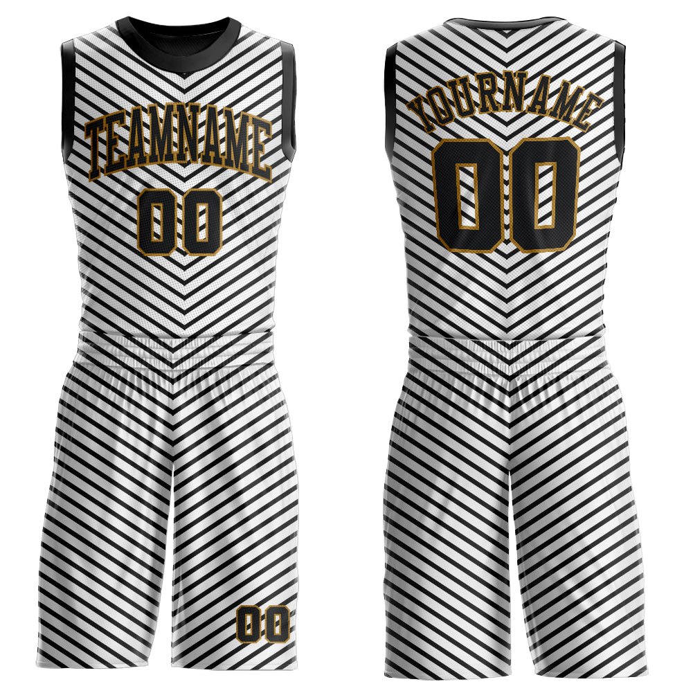 Custom Gold Black-White Round Neck Sublimation Basketball Suit