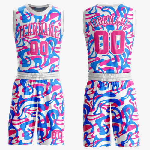 Custom Figure Pink-Light Blue Round Neck Sublimation Basketball Suit Jersey  Discount – snapmade