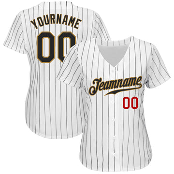 Custom White Black Pinstripe Black Old Gold-Red Authentic Baseball Jersey