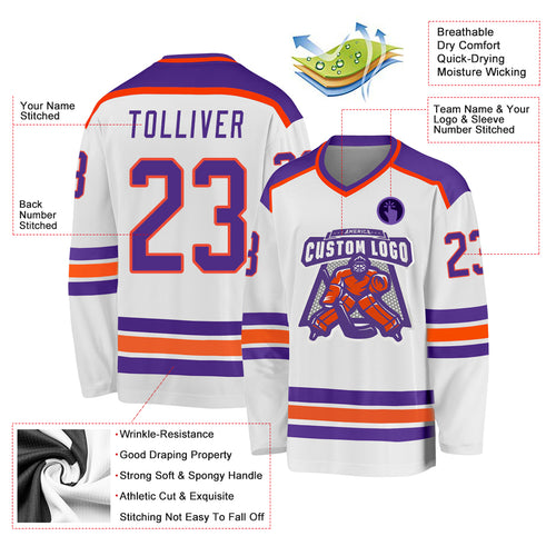 Custom White Purple-Orange Hockey Jersey Discount