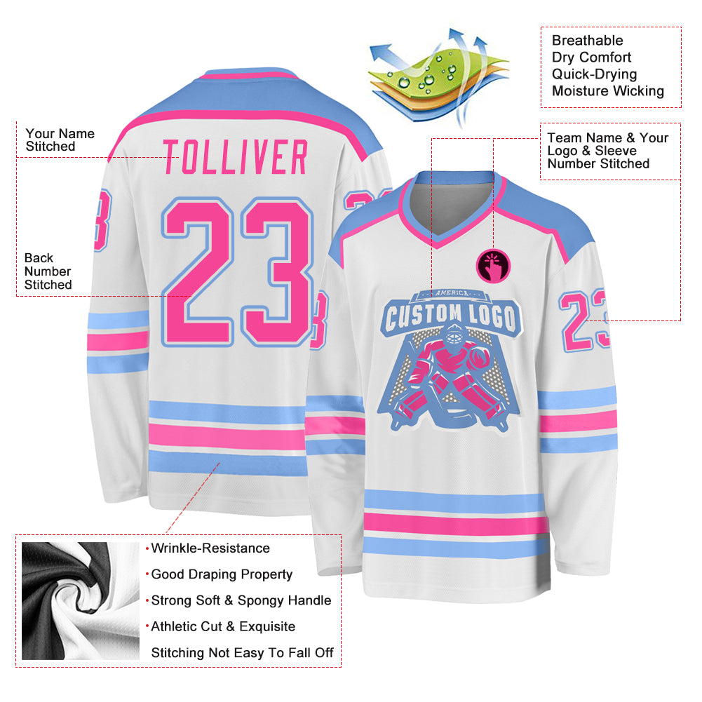 Custom White Pink-Light Blue Hockey Jersey Discount