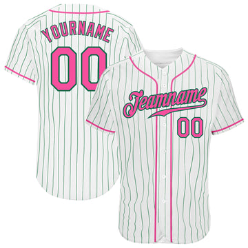 Custom White Kelly Green Pinstripe Pink-Kelly Green Authentic Baseball Jersey